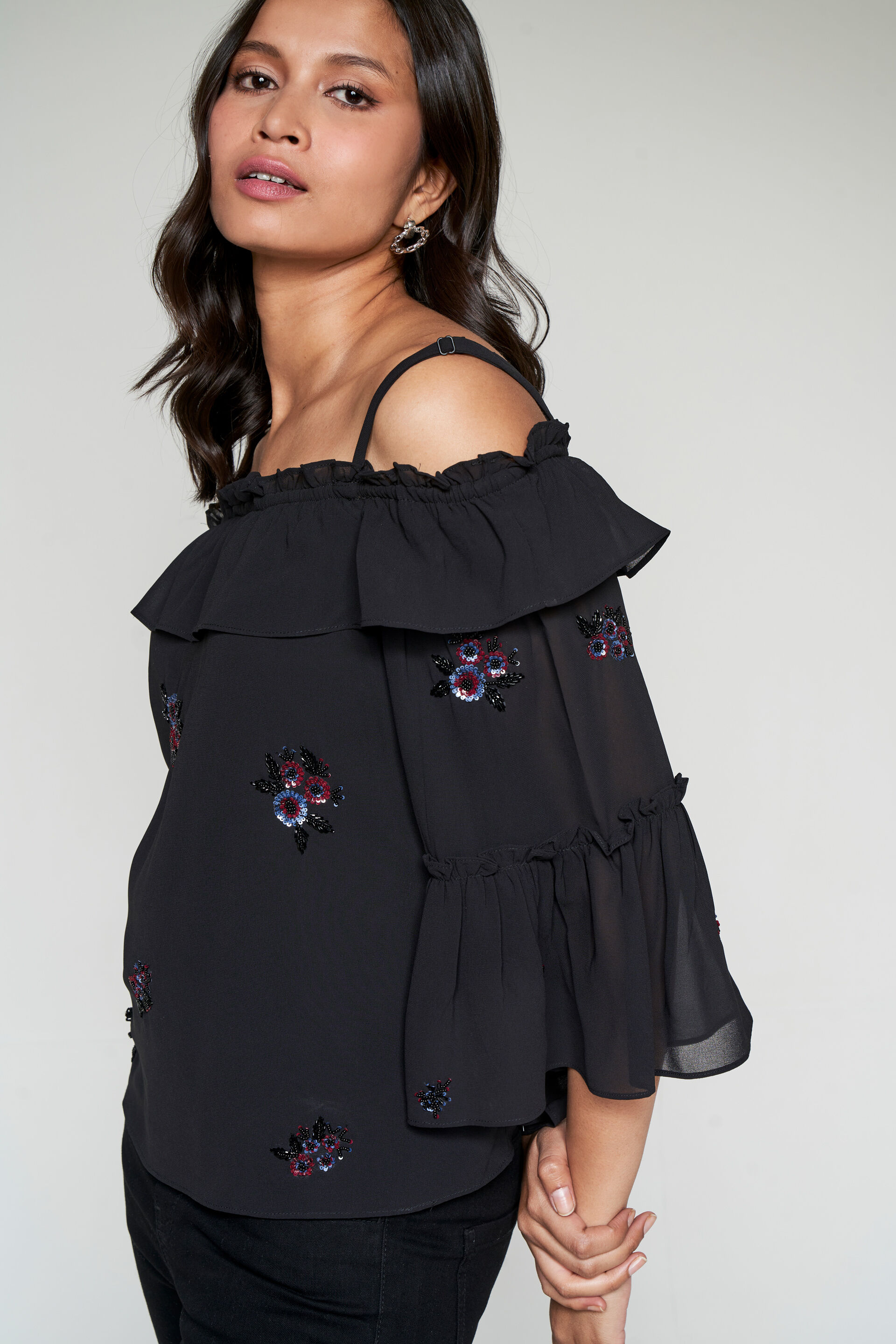 Black Embellished Off-Shoulder Top, Black, image 5